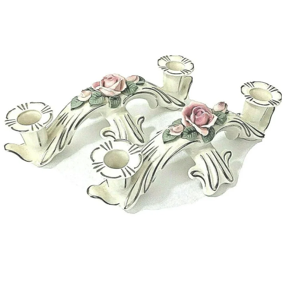 Set‎ of 2 DRESDEN Candle Holders Double Arm Pink